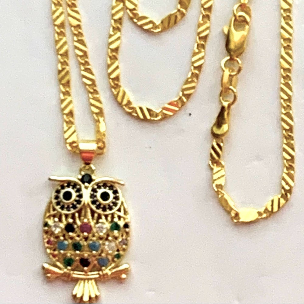 Gold & Multi Color Jeweled Owl Pendant Necklace - Picture 1 of 4